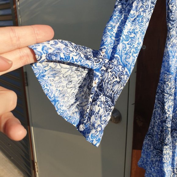 Tigerlily 8 Blue Paisley Crepe embroidered Lace button cool tones flowy Dress - Picture 6 of 13